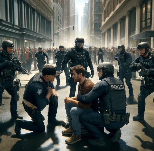 Police officers in tactical gear interacting with a civilian man on a street