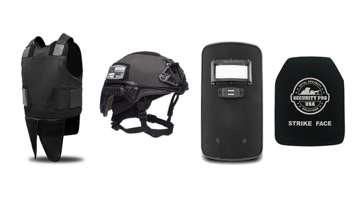 A body armor vest, a helmet, a ballistic shield, and an armor plate are displayed in a line