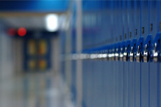 Long row of blue school lockers