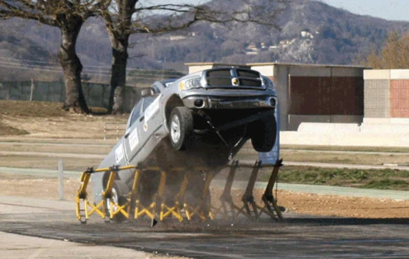 "Mifram modular vehicle barrier stopping a high-speed truck during crash test, demonstrating anti-ram security performance."