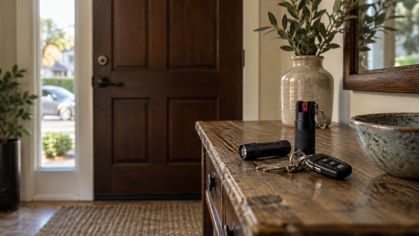 Pepper spray, a flashlight, and car keys on a console beside a home entrance