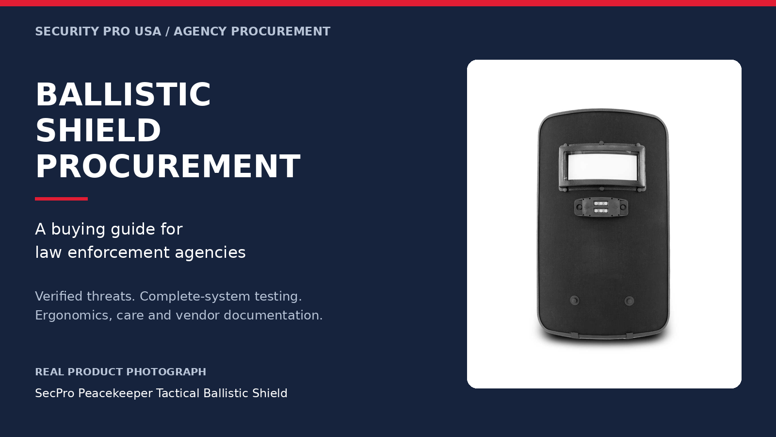 SecPro Peacekeeper ballistic shield photograph beside law enforcement procurement guide title