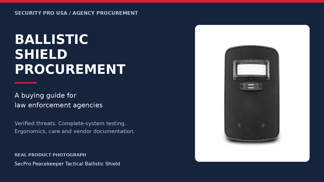 SecPro Peacekeeper ballistic shield photograph beside law enforcement procurement guide title