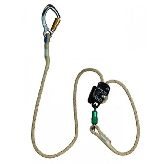 Safety rope with carabiner and shock absorber on a white background