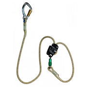 Safety rope with carabiner and shock absorber on a white background