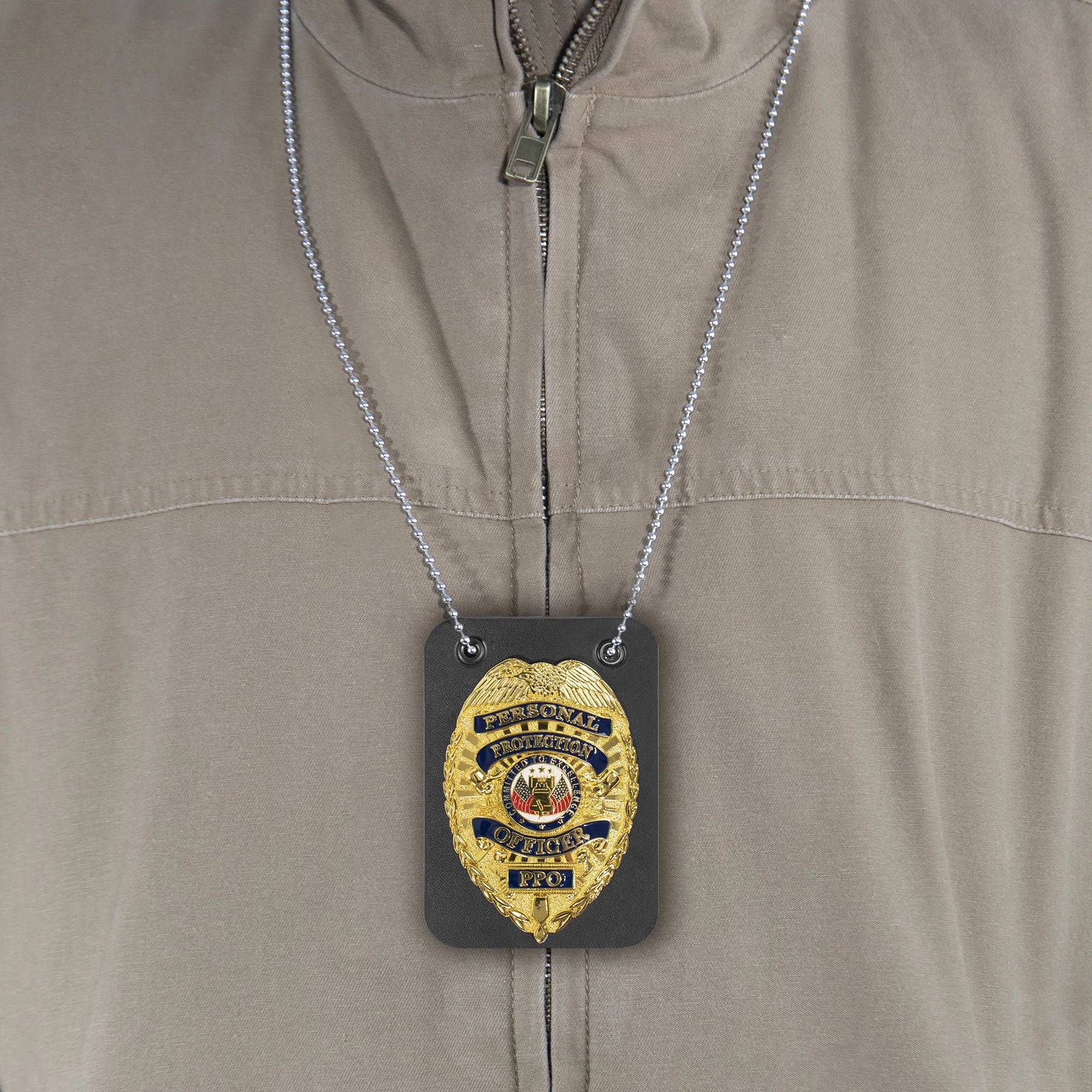 Rothco Low Profile Leather Badge Holder with Chain Badges & close-up photo