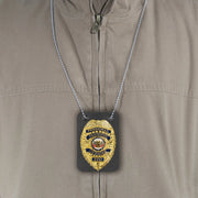 Rothco Low Profile Leather Badge Holder with Chain Badges & close-up photo
