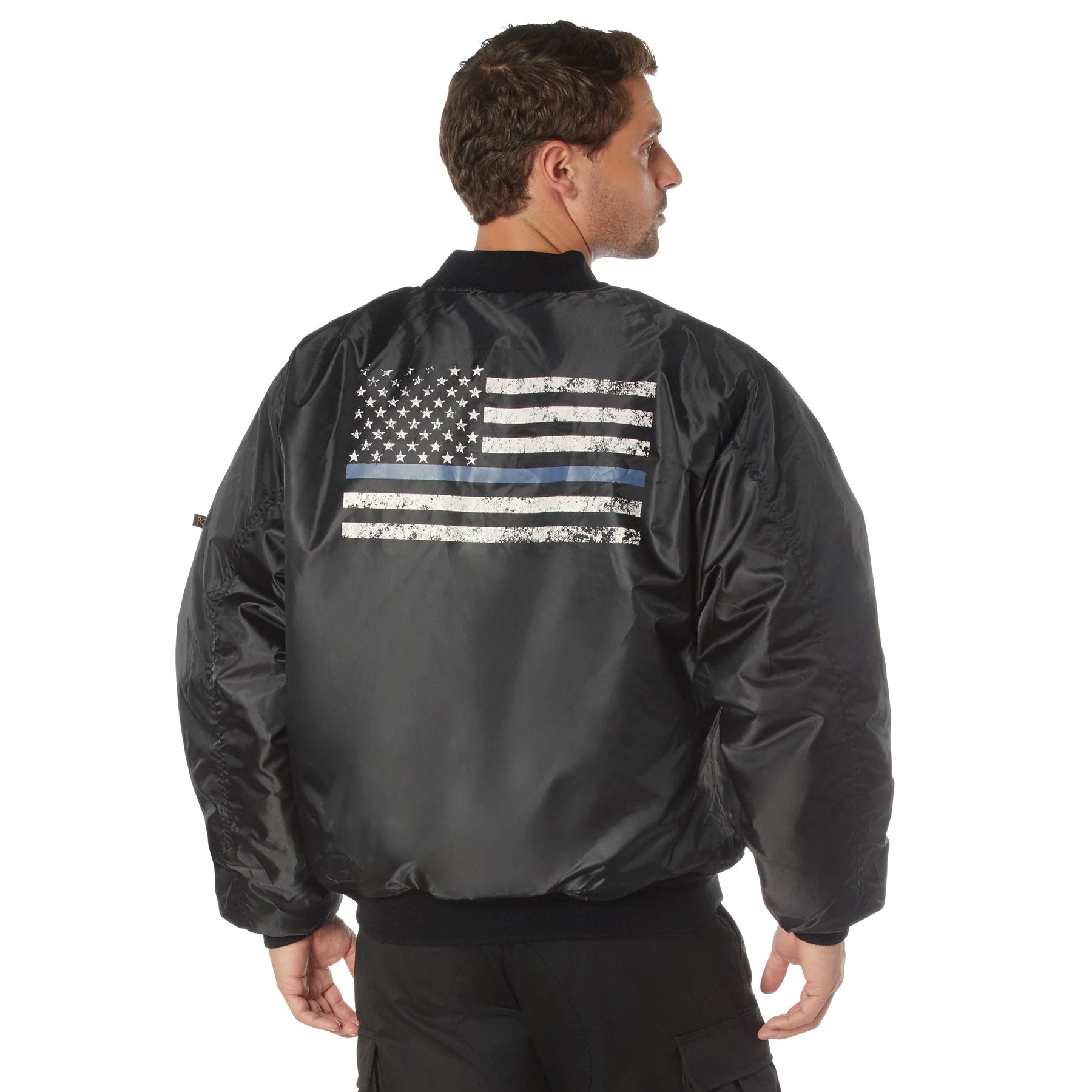 Rothco Thin Blue Line Flag MA-1 Flight Jacket Bomber & close-up photo