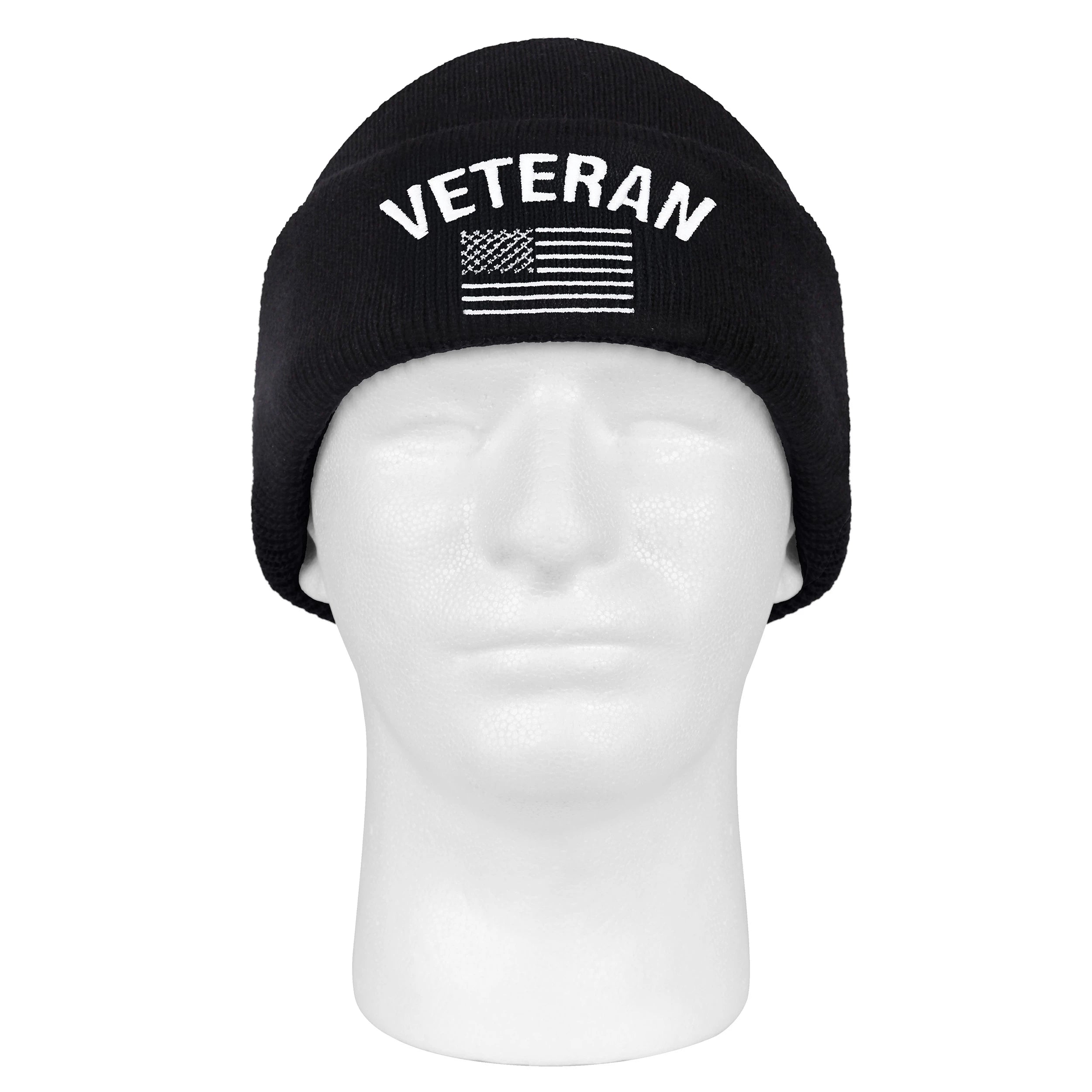 Veteran With US Flag Fine Knit Watch Cap - Black