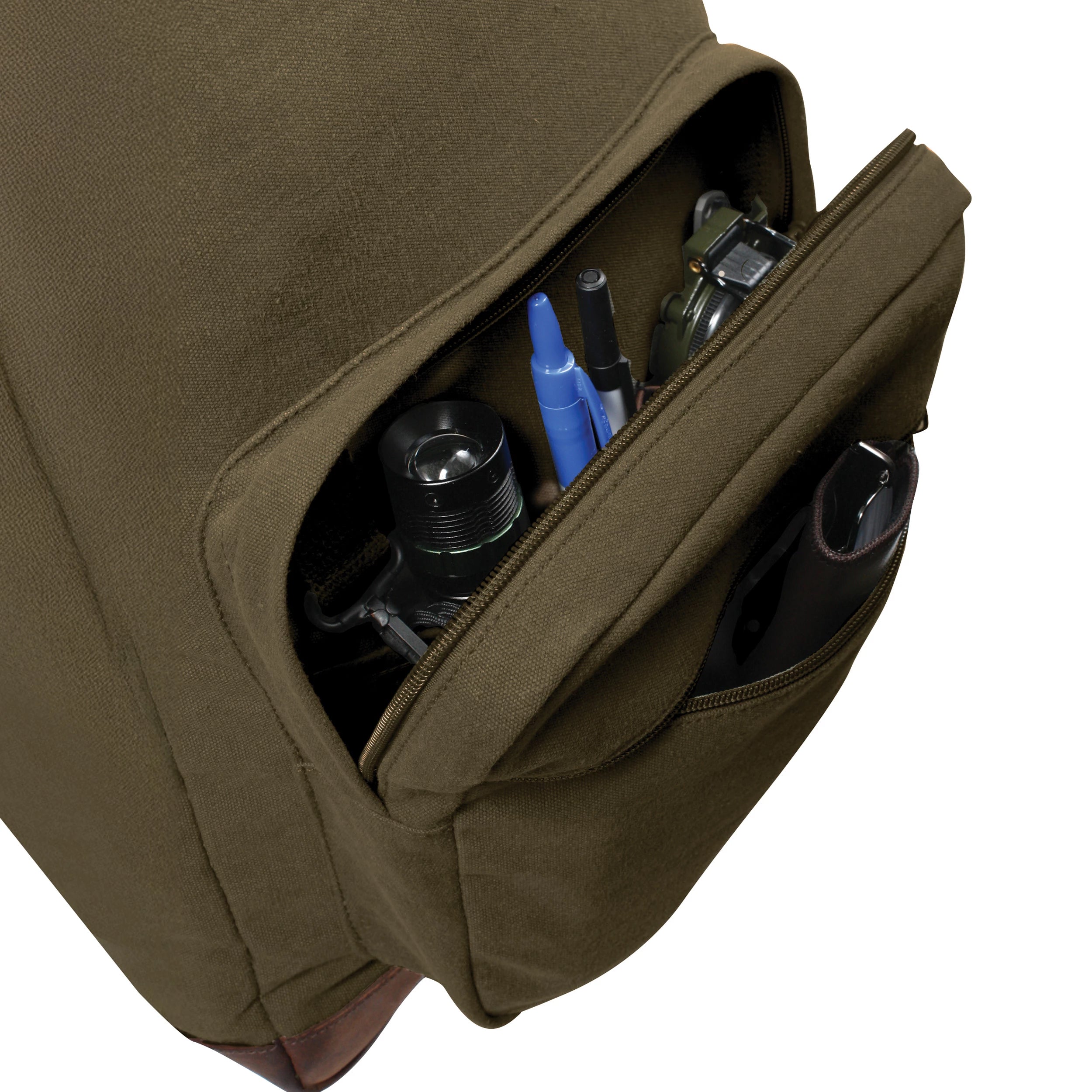 Rothco Vintage Canvas Teardrop Backpack With Leather Accents Olive side detail photo