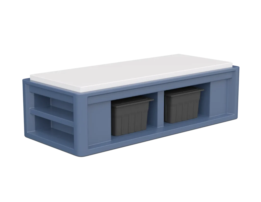Cortech Endurance Bed 1.0 correctional bed with side property box slots and end shelves