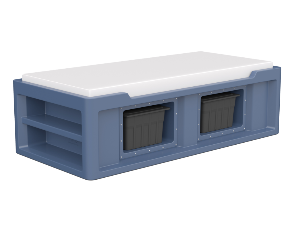 Cortech Endurance Bed 2.1 jail bed with end shelves and side property storage compartments
