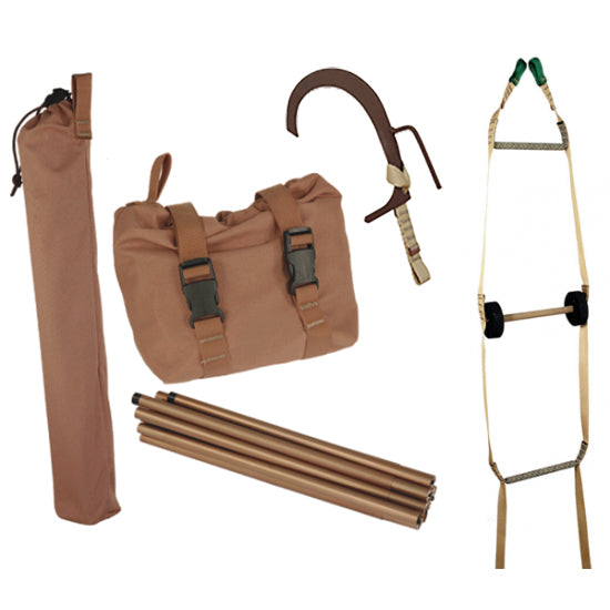 Collection of brown outdoor equipment including a bag, sticks, and a ladder on a white background