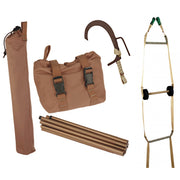 Collection of brown outdoor equipment including a bag, sticks, and a ladder on a white background