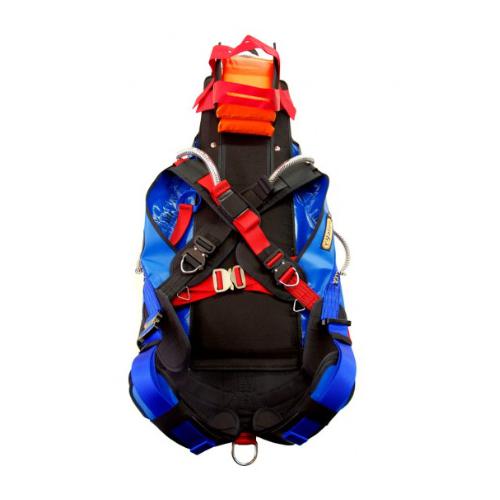 Blue and black scuba diving harness with red accents on a white background