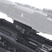 Close-up of a black rifle rail system with a mounted gray sight or scope component, shown against a white background.