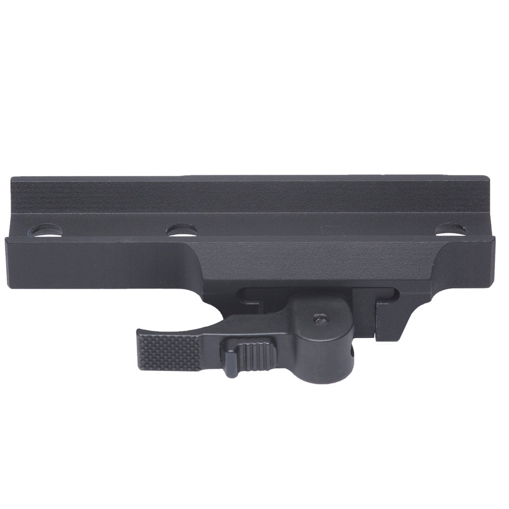 A black textured metal mounting bracket or rail component with a quick-release latch mechanism, shown against a plain white background.