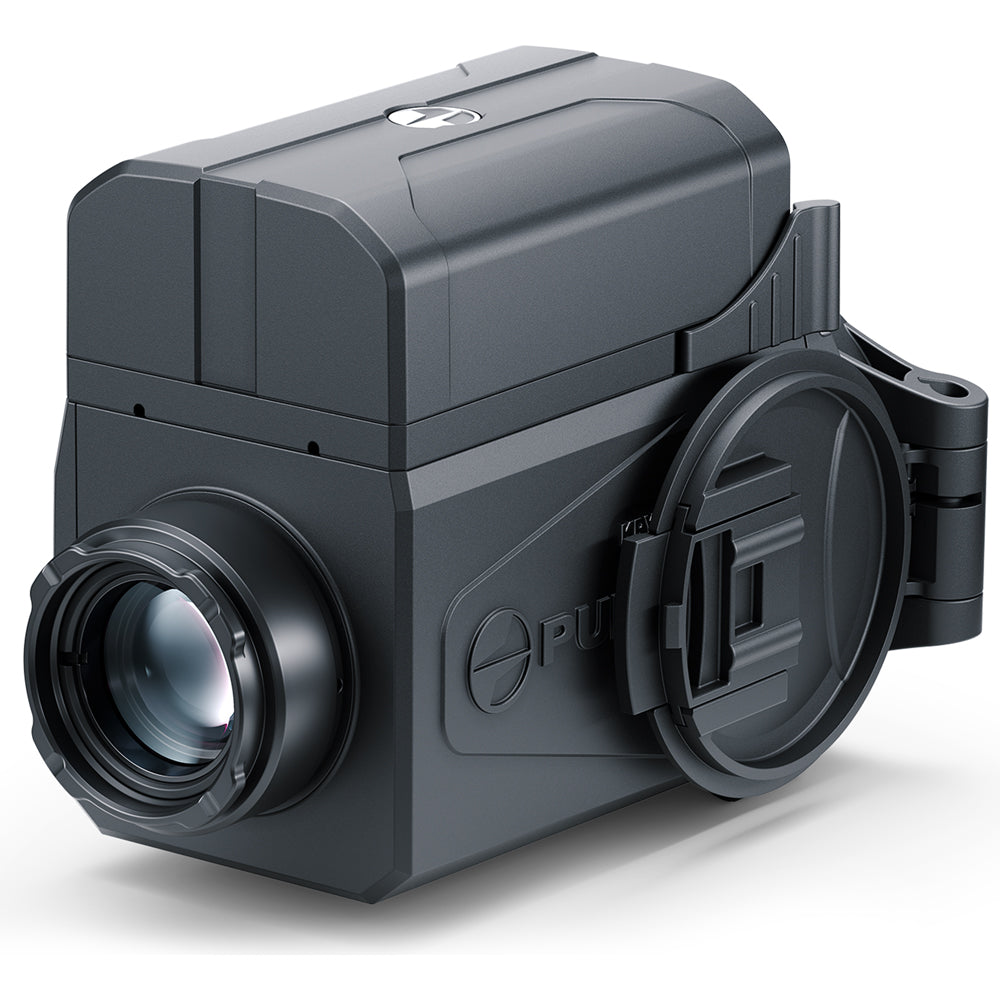 Black camera with lens on a white background