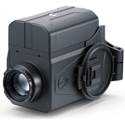 Black camera with lens on a white background