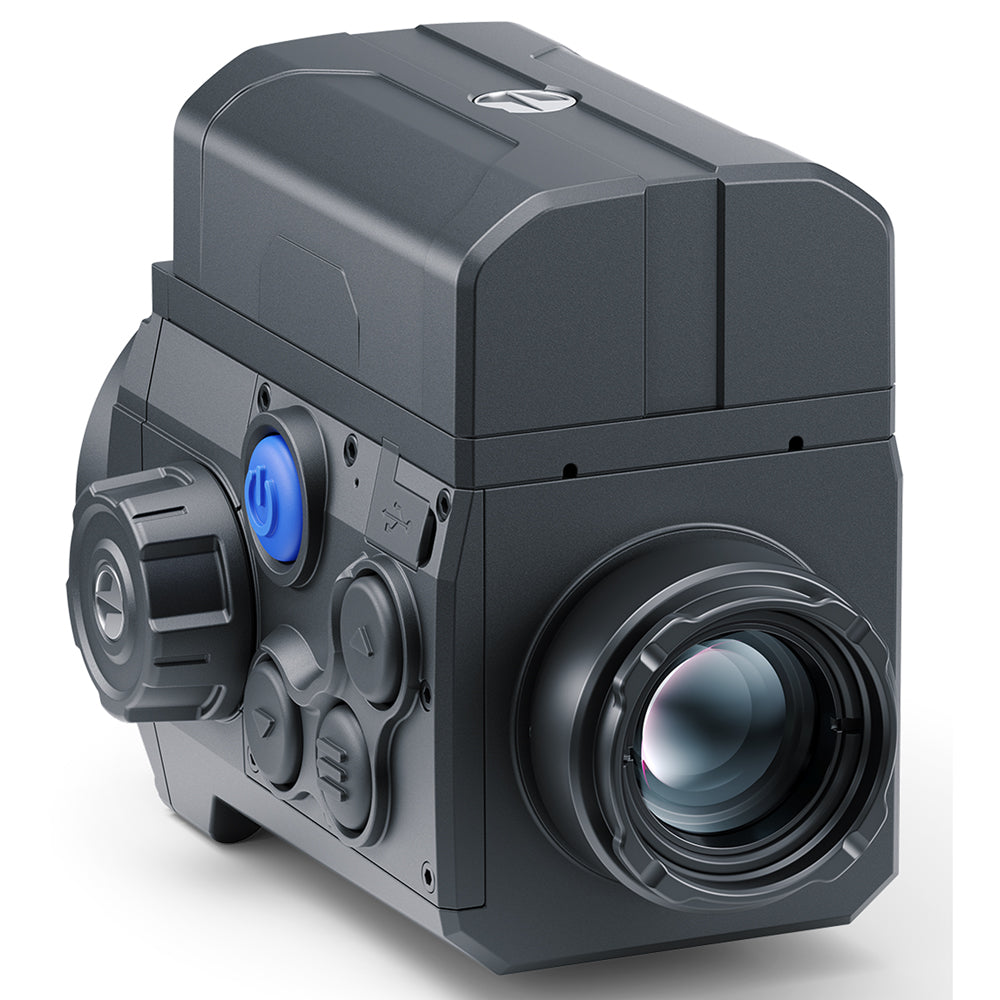 A dark gray tactical camera or sensor module with a large front lens, side adjustment dial, and a blue power button, shown on a clean white background.