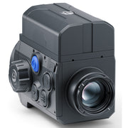 A dark gray tactical camera or sensor module with a large front lens, side adjustment dial, and a blue power button, shown on a clean white background.