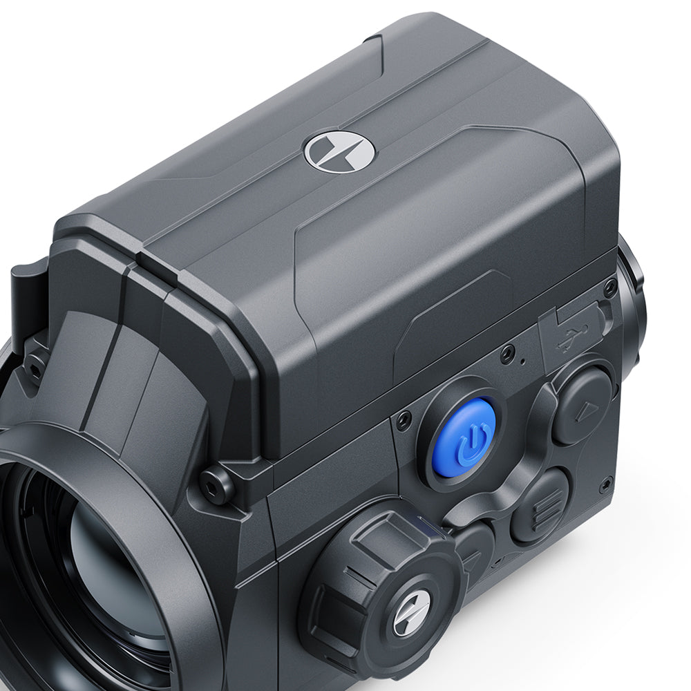 Black thermal imaging camera with control buttons on a white background