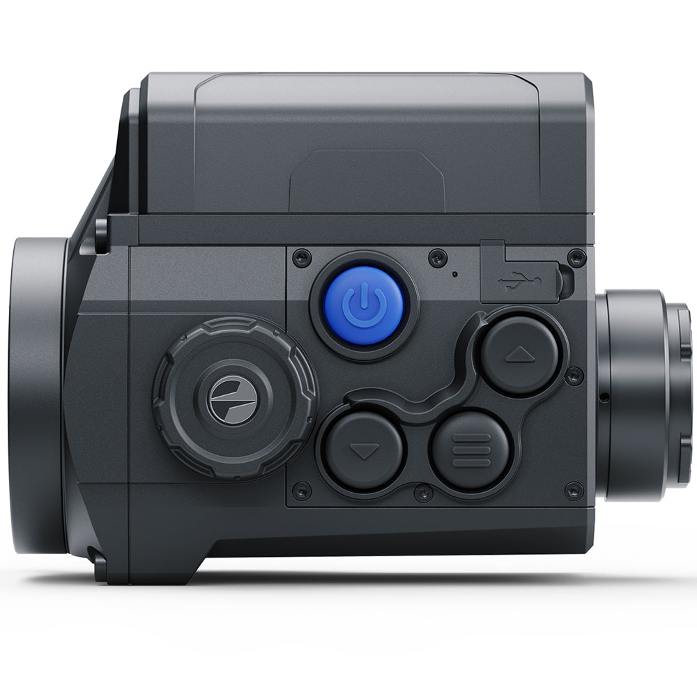 Black thermal imaging camera with blue power button on a white background