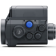 Black thermal imaging camera with blue power button on a white background