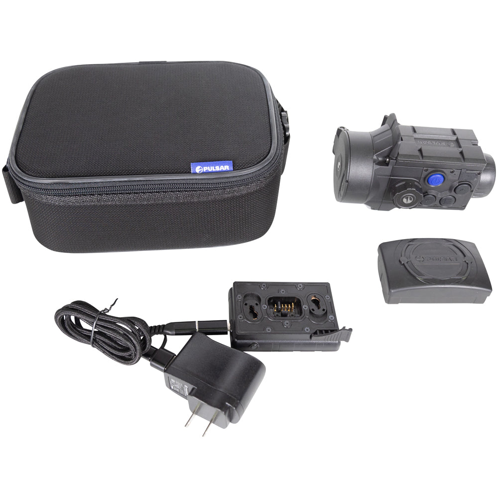 Pulsar brand black optical sight accessory kit on a white background, including a zippered carrying case, power adapter, cable, battery, and the sight itself.