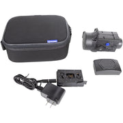 Pulsar brand black optical sight accessory kit on a white background, including a zippered carrying case, power adapter, cable, battery, and the sight itself.