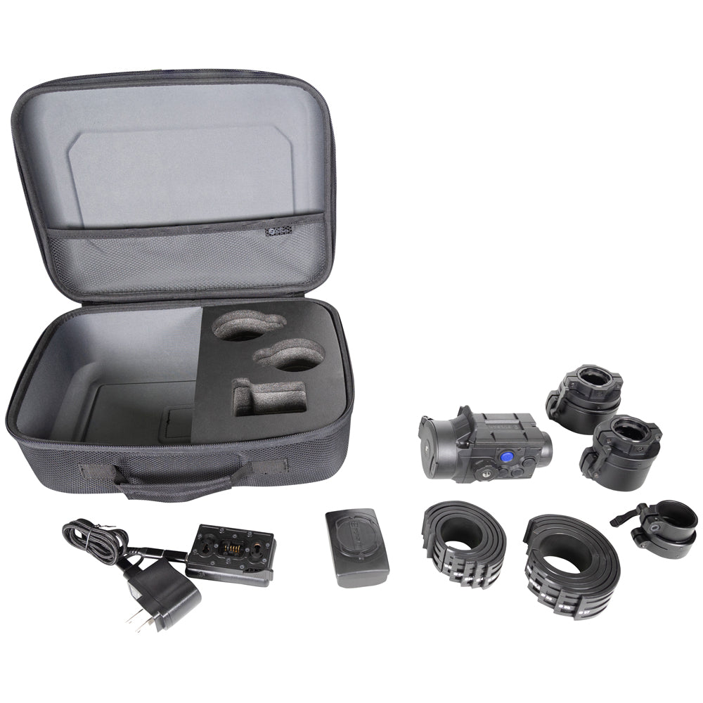 A black hard carrying case shown open with foam inserts, alongside several black mounting accessories and a power adapter on a plain white background.