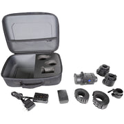 A black hard carrying case shown open with foam inserts, alongside several black mounting accessories and a power adapter on a plain white background.