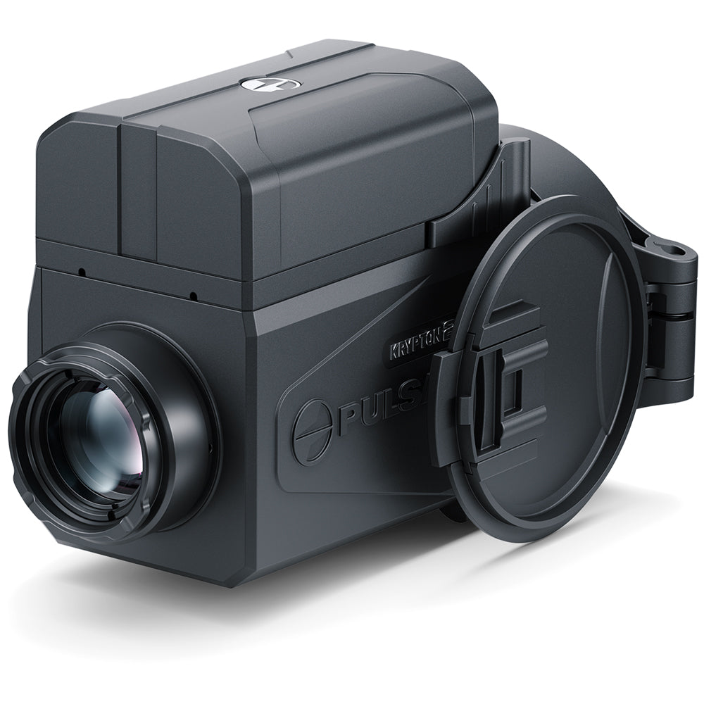 Black thermal imaging camera with lens cover on a white background
