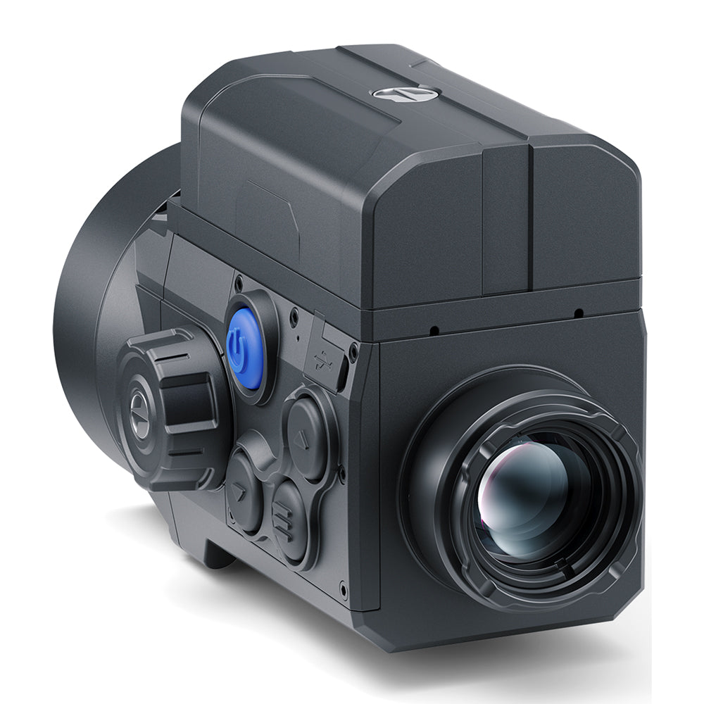 Black industrial camera with lens on a white background