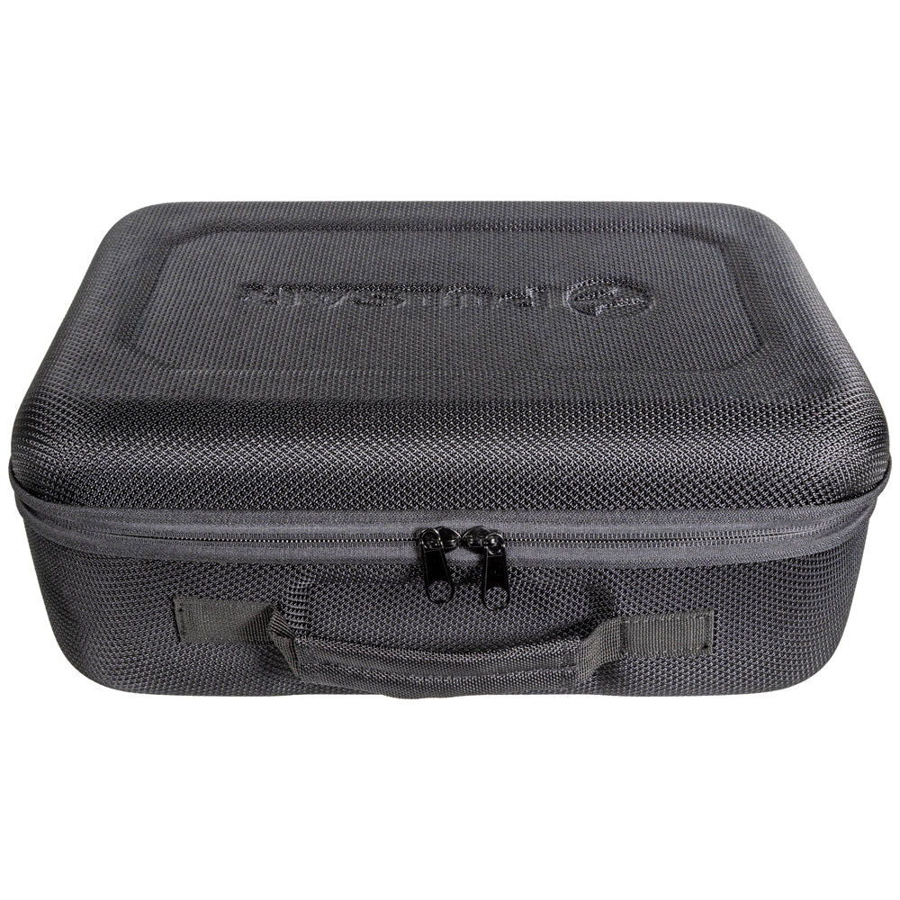 A dark gray textured hard-shell carrying case with a top handle, dual zipper pulls, and an embossed logo on the lid, shown against a plain white background.
