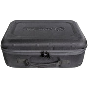 A dark gray textured hard-shell carrying case with a top handle, dual zipper pulls, and an embossed logo on the lid, shown against a plain white background.