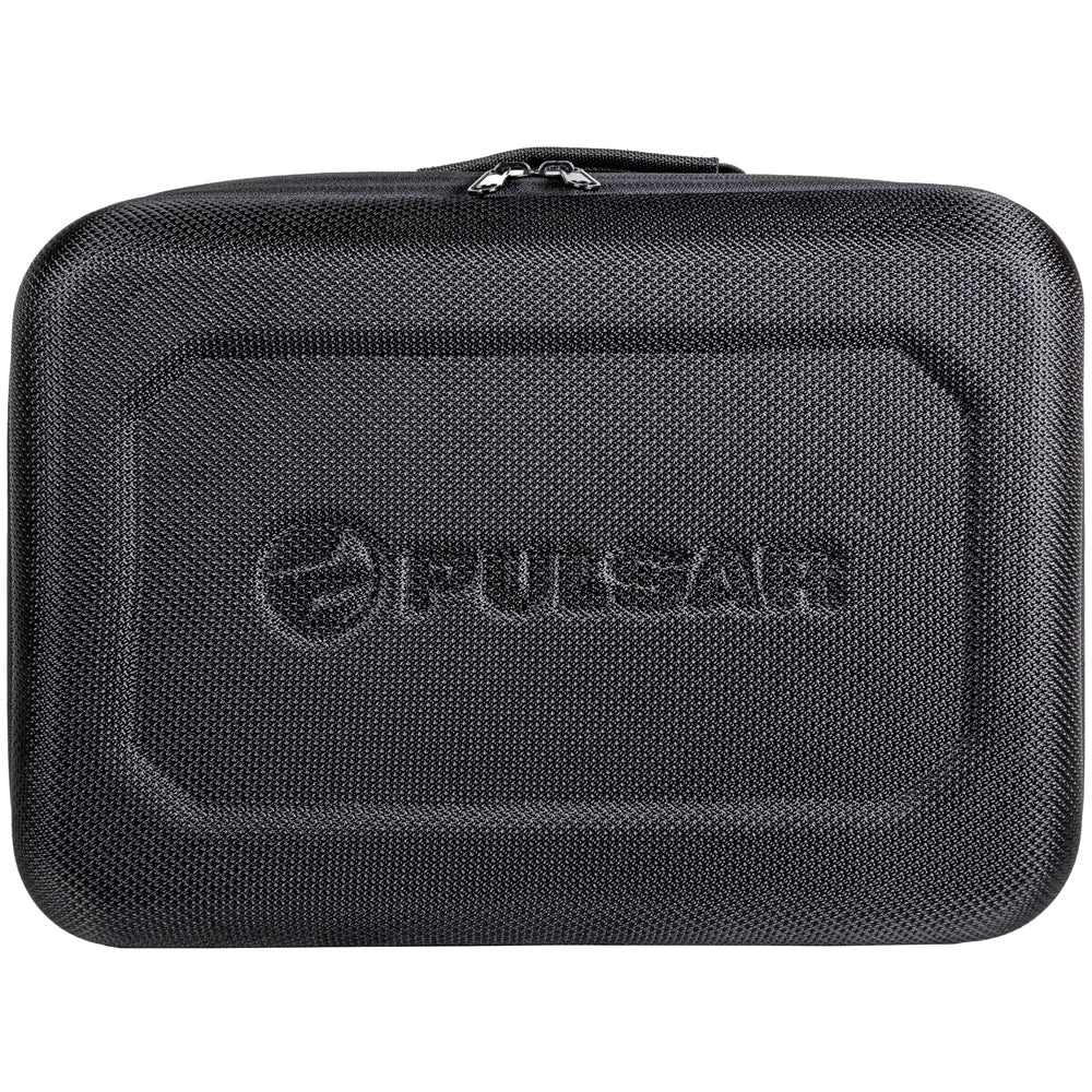 A black textured hard-shell carrying case with a top zipper and an embossed Pulsar logo on the front, shown against a plain white background.