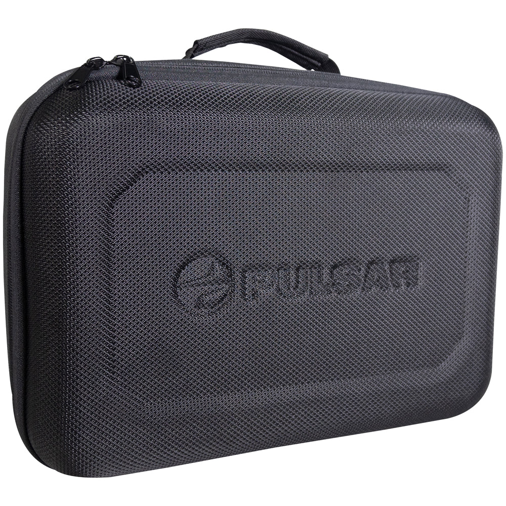 A black textured hard carrying case with a top handle and a debossed Pulsar logo on the front, shown against a plain white background.