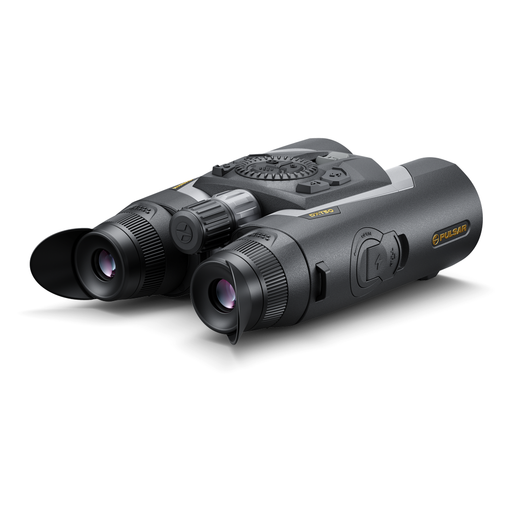 A pair of black thermal binoculars with yellow and white branding details, shown on a clean white background.