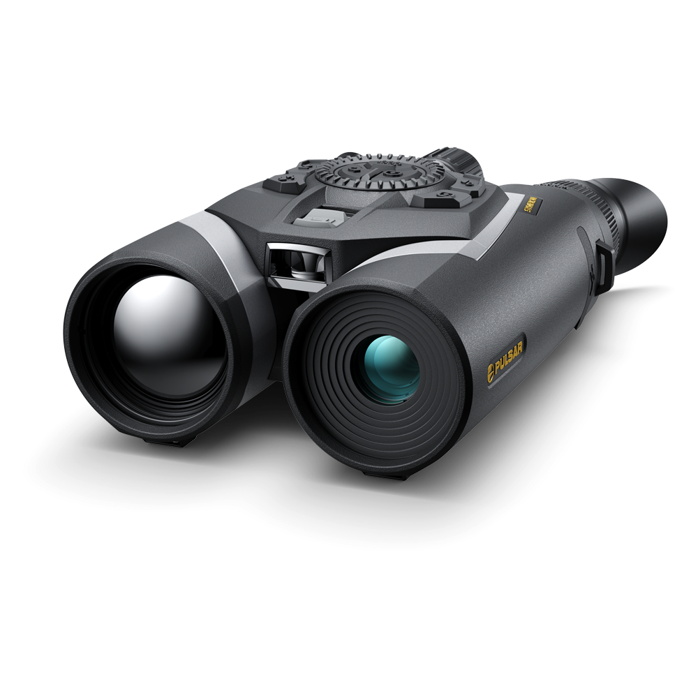 A pair of black and gray binoculars with a textured top handle, featuring a yellow 'EAGLE' logo on the side and silver accents, shown on a clean white background.