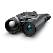 A pair of black and gray binoculars with a textured top handle, featuring a yellow 'EAGLE' logo on the side and silver accents, shown on a clean white background.