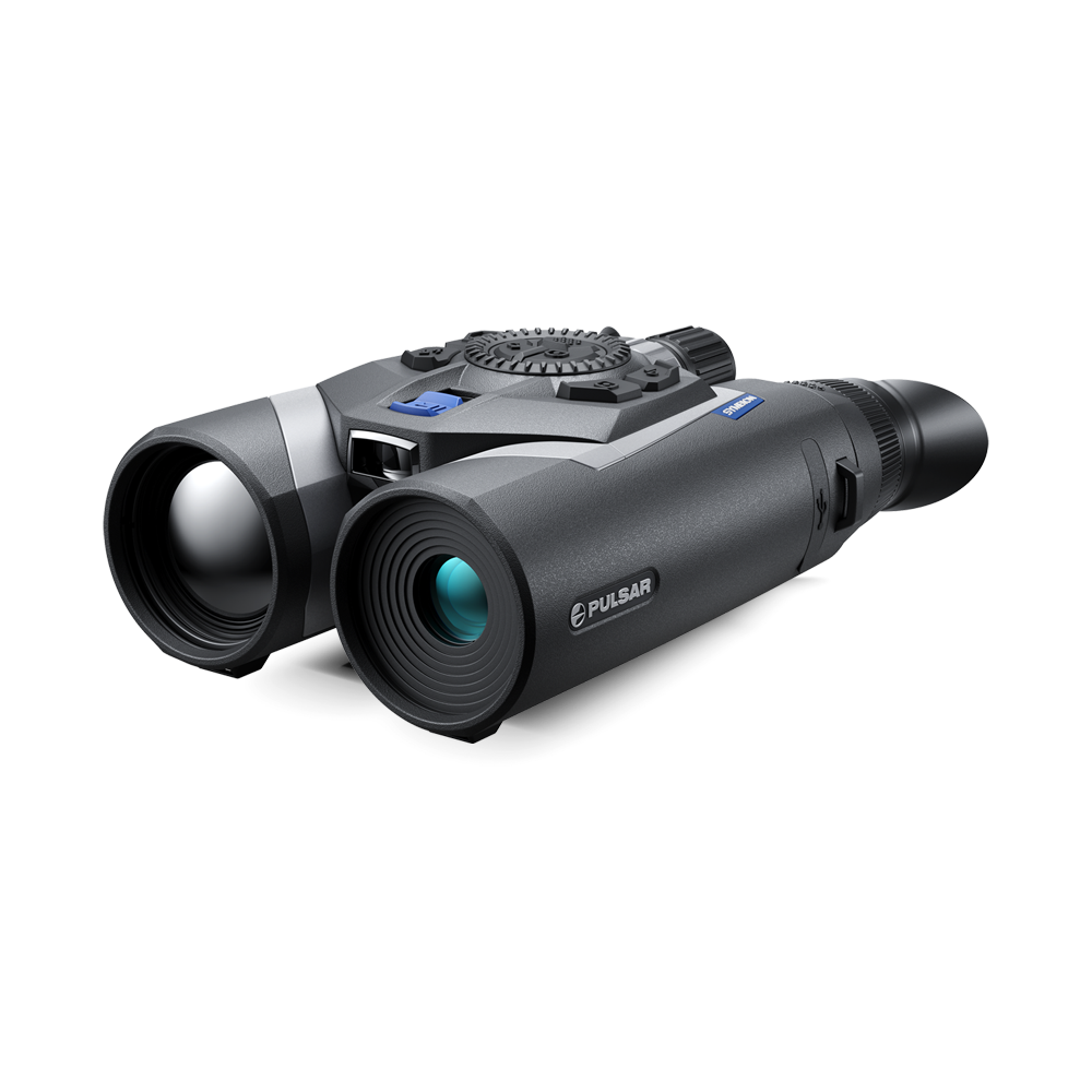 Black Pulsar binoculars with a textured top control dial and blue buttons, shown on a clean white background.