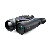 Black Pulsar binoculars with a textured top control dial and blue buttons, shown on a clean white background.