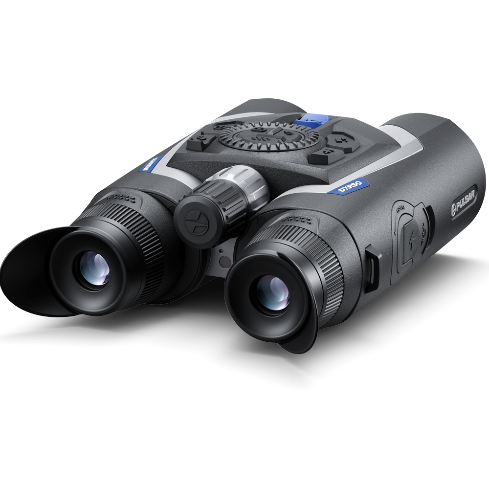 Binoculars with digital rangefinder on a white background