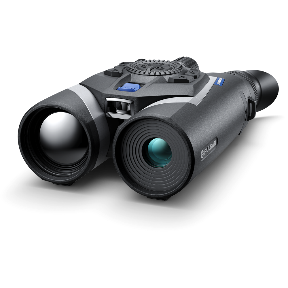 A pair of black and gray binoculars with a blue button on top, photographed at an angle on a clean white background. The brand name 'Raklar' is visible on the side.