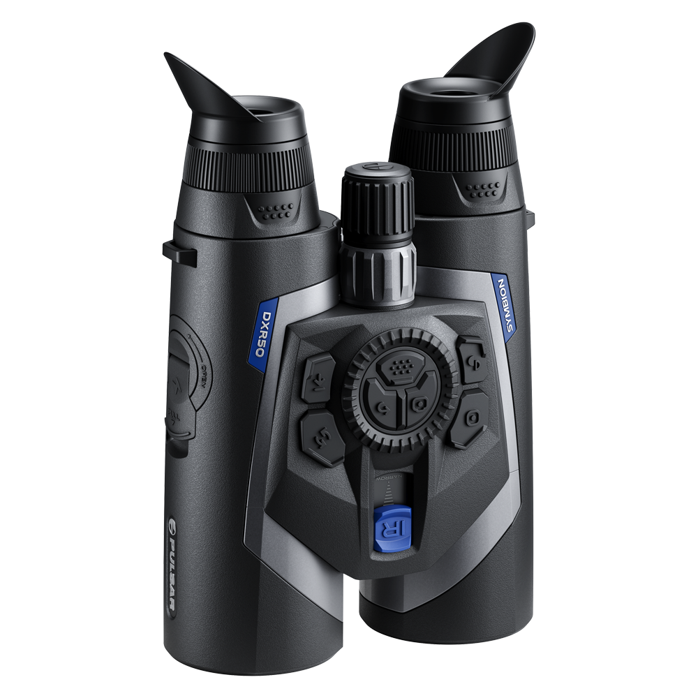 Pair of black binoculars with digital display on a white background