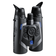 Pair of black binoculars with digital display on a white background