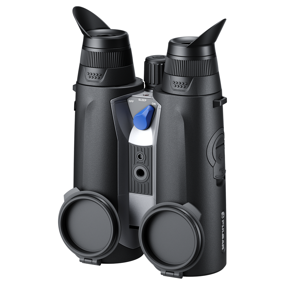 Black binoculars with a digital display on a white background