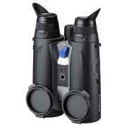 Black binoculars with a digital display on a white background