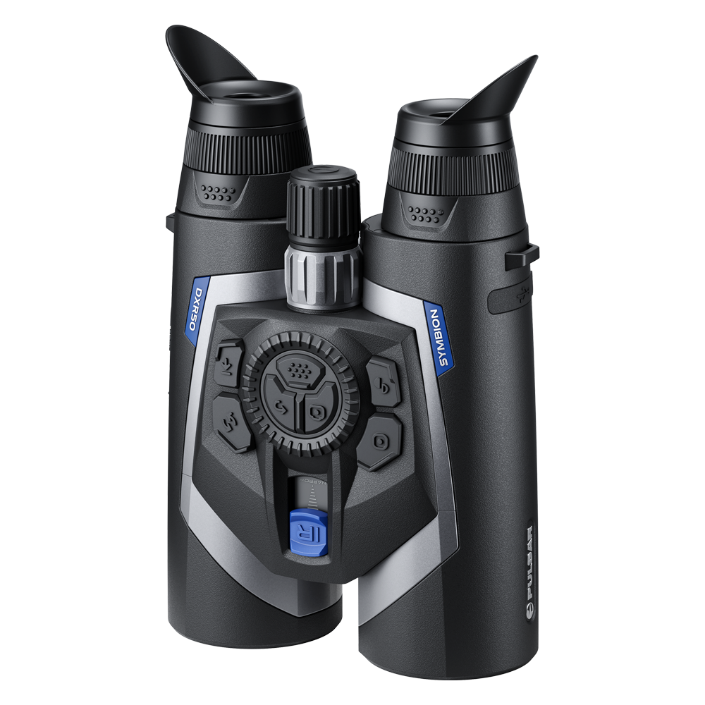 Black binoculars with digital display on a white background